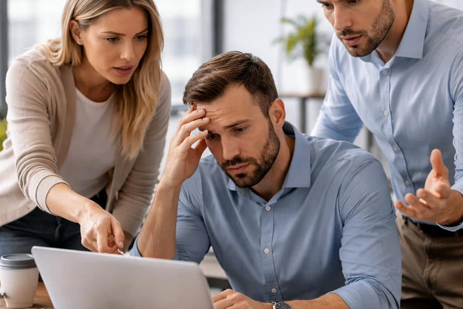 3 personnes en difficultés face à un logiciel dans une PME